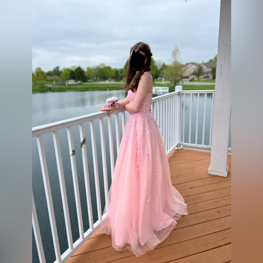 Pink floral lace up back ball gown